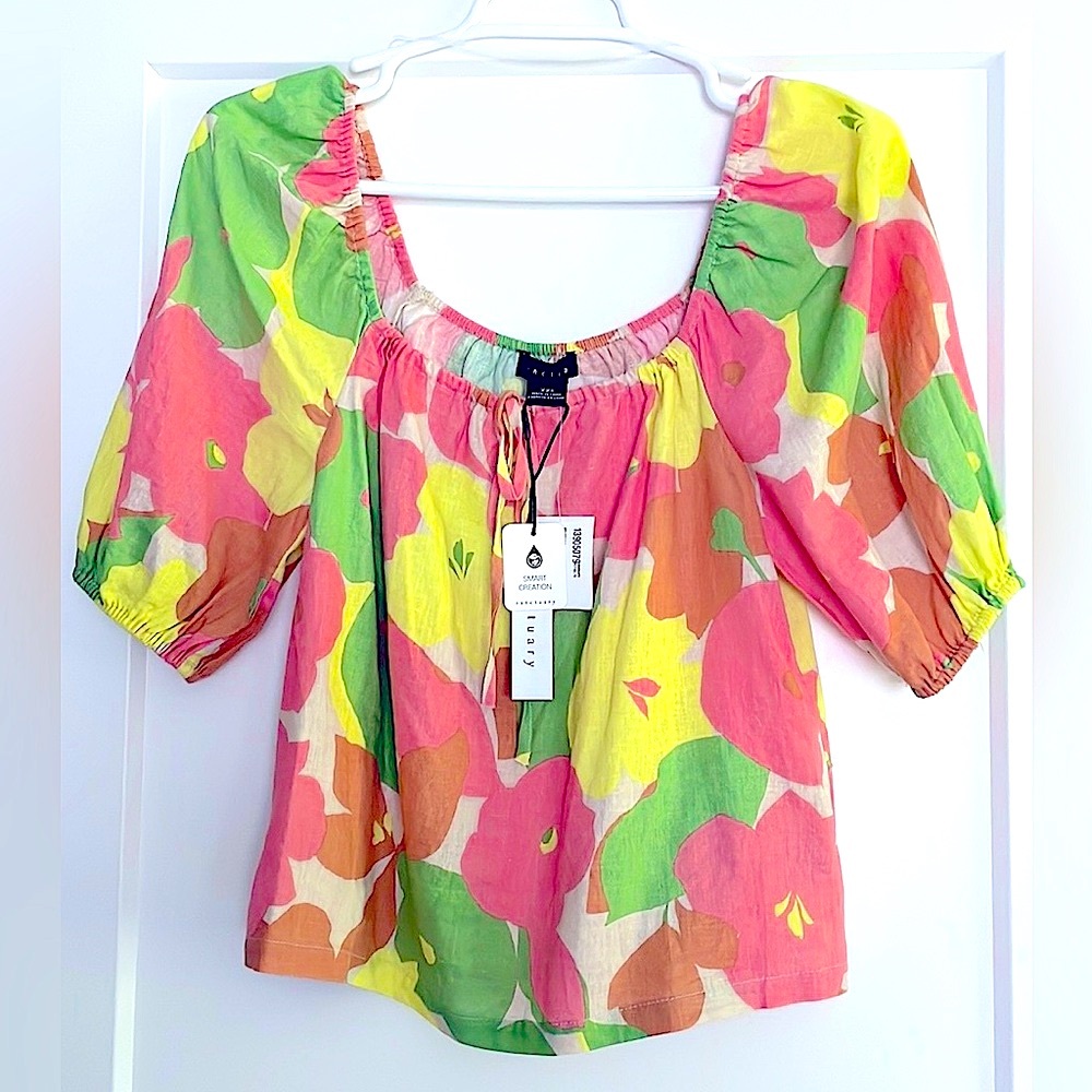 Square neck lime yellow coral spring palette short sleeve elastic adjust top NWT